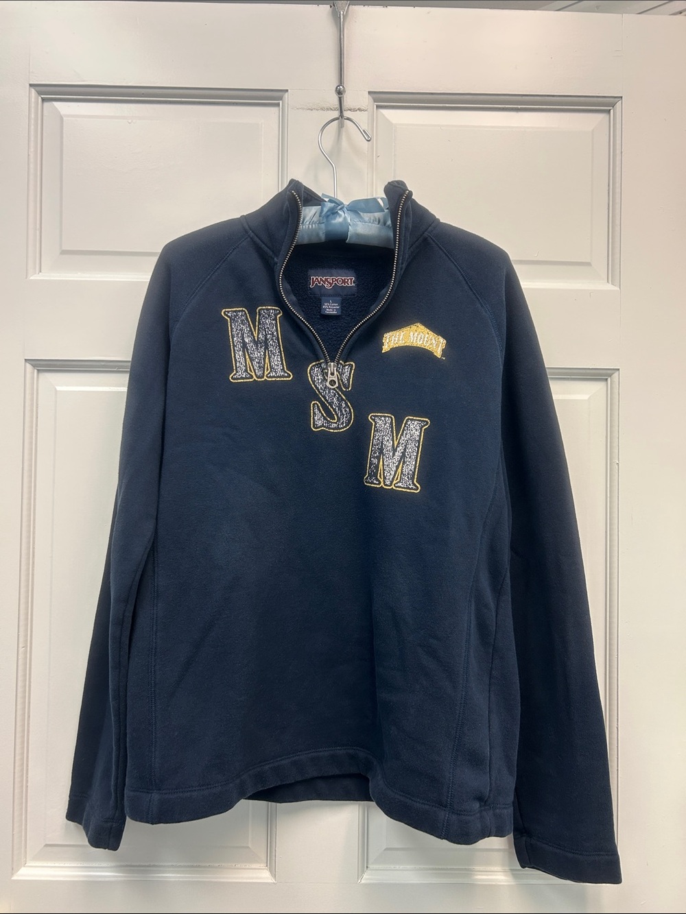 Mount St. Mary’s University 1/4 zip Blue Sweatshirt with Logo “The Mount” Size L